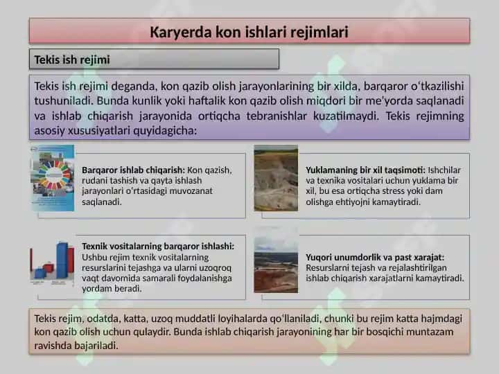 Karyerlardagi kon ishlarining tekis va notekis rejimlari 4