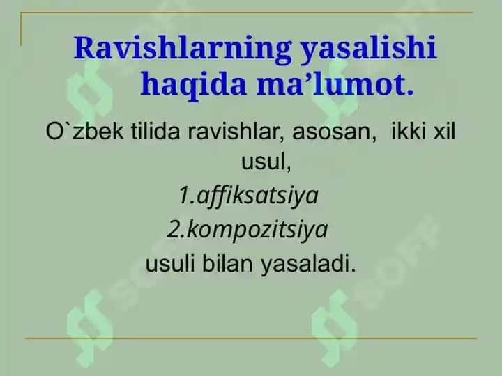 Ravishlarda daraja. Ravishning yasalishi. Ravishning tuzilishi jihatidan turlari 2