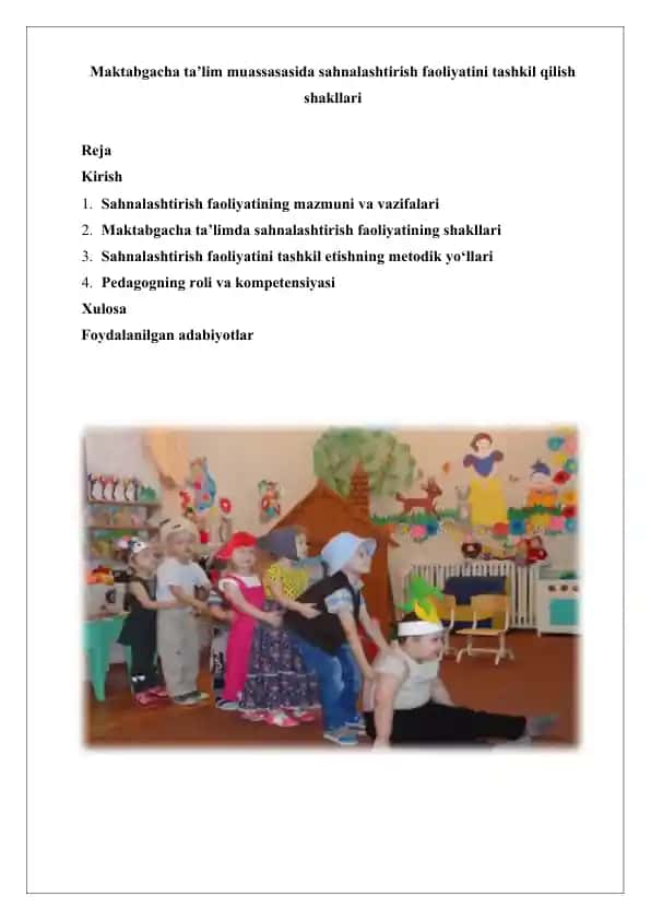Maktabgacha ta’lim muassasasida sahnalashtirish faoliyatini tashkil qilish shakllari.