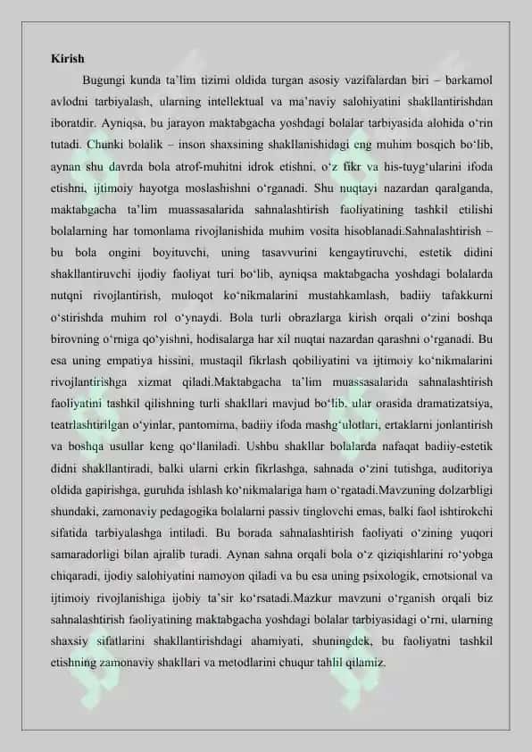Maktabgacha ta’lim muassasasida sahnalashtirish faoliyatini tashkil qilish shakllari. 2
