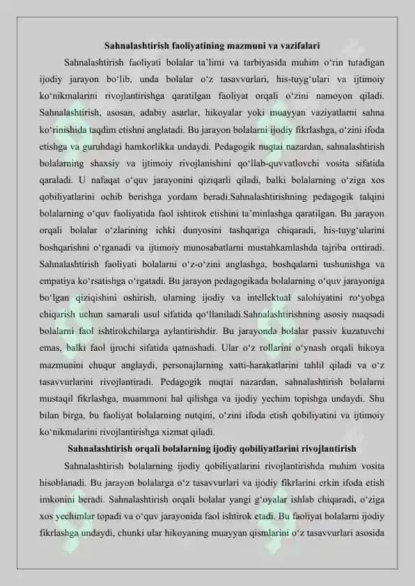 Maktabgacha ta’lim muassasasida sahnalashtirish faoliyatini tashkil qilish shakllari. 3