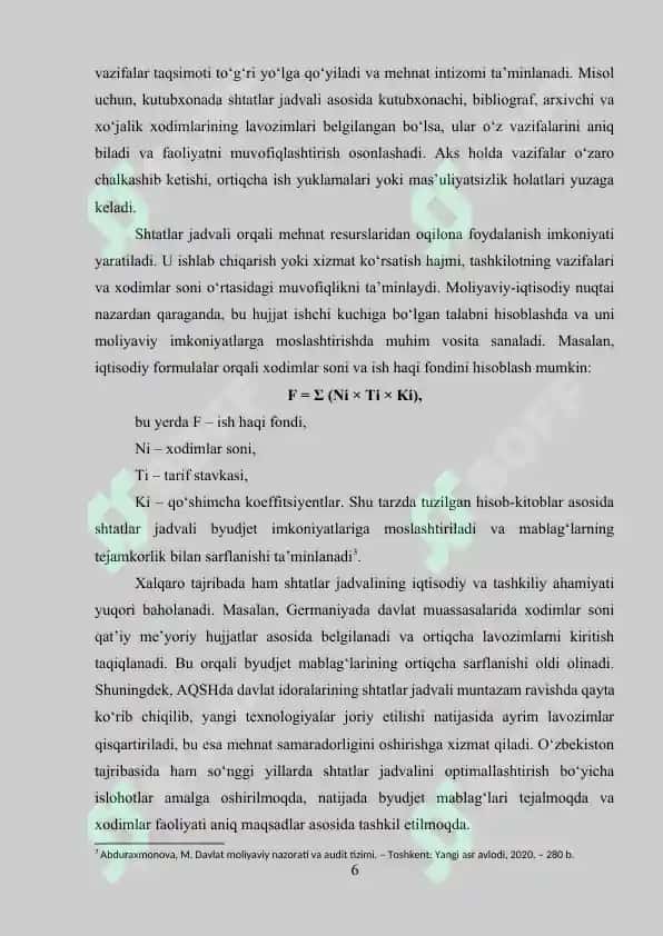 Byudjet tashkilotlarida shtatlar jadvali va ularni tuzishning xususiyatlari 6