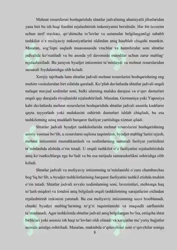 Byudjet tashkilotlarida shtatlar jadvali va ularni tuzishning xususiyatlari 8