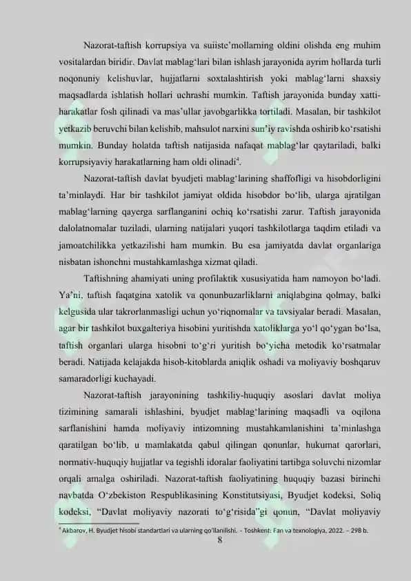 Byudjet tashkilotlarida nazorat-taftish ishlarini tashkil etish usullari 8