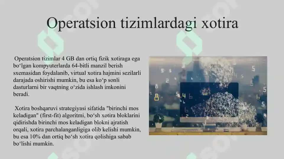 Operatsion tizimlarda xotirani   boshqarish. Xotira va uni tasvirlash,   virtual adres makoni 5