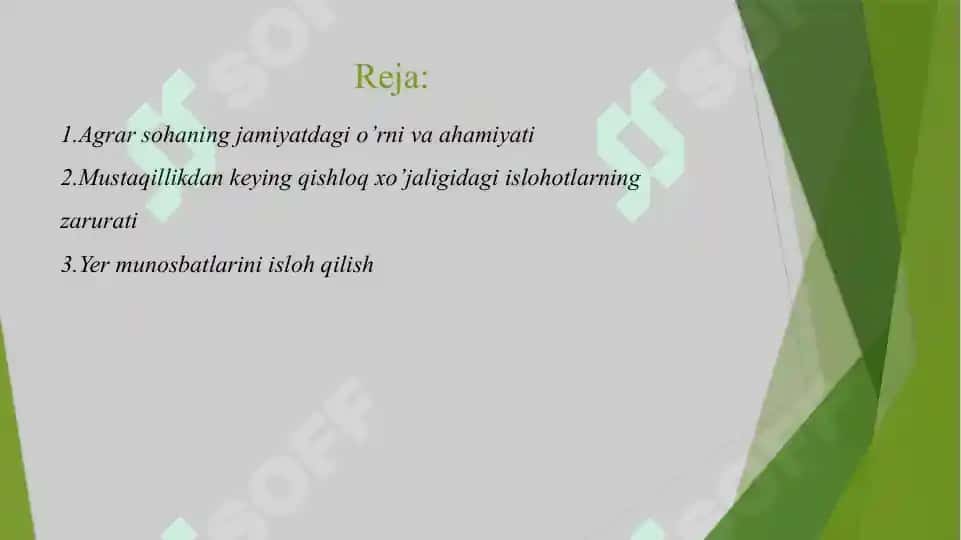 AGRAR SOHADA AMALGAOSHIRILGAN O’ZGARISHLAR. DEHQON VA FERMER XO’JALIKLARINING TASHKIL ETILISHI. 2