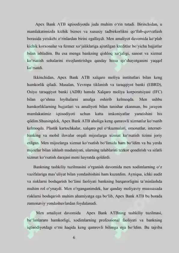 apex bank Malakaviy amaliyot hisobot  APEXBANK  Malakaviy Amaliyot (Bitiruv Oldi) APEXBANK AMALIYOT HISOBOT APEXBANK hisobot 6