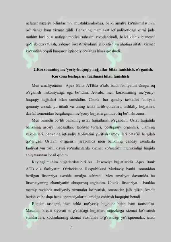 apex bank Malakaviy amaliyot hisobot  APEXBANK  Malakaviy Amaliyot (Bitiruv Oldi) APEXBANK AMALIYOT HISOBOT APEXBANK hisobot 7