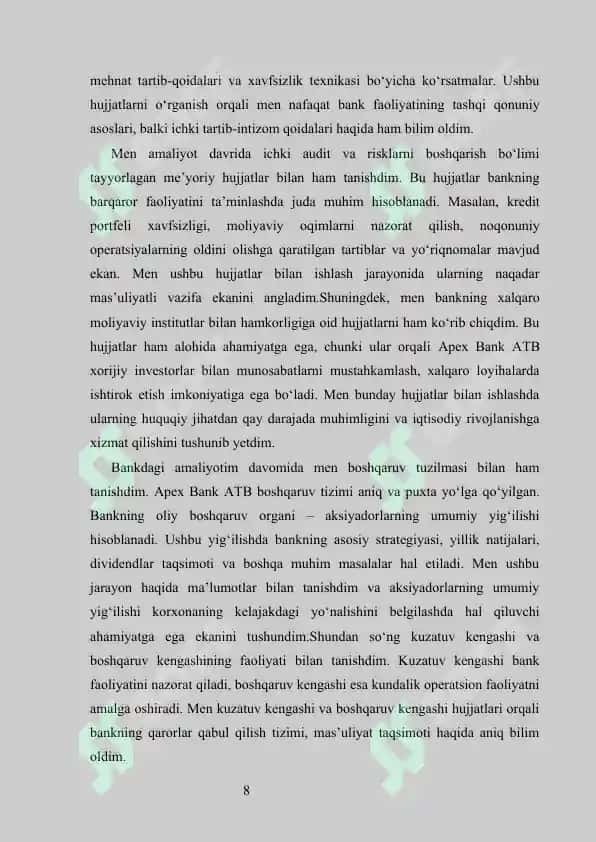 apex bank Malakaviy amaliyot hisobot  APEXBANK  Malakaviy Amaliyot (Bitiruv Oldi) APEXBANK AMALIYOT HISOBOT APEXBANK hisobot 8