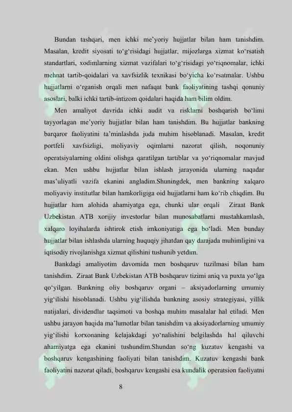 Ziraat Bank Uzbekistan  amaliyot hisoboti     Ziraat Bank Uzbekistan hisobot      Ziraat Bank hisobot   Ziraat Bank amaliyot hisobot   Ziraat Bank malakaviy amaliyot   Ziraat Bank praktika Malakaviy amaliyot hisoboti 8
