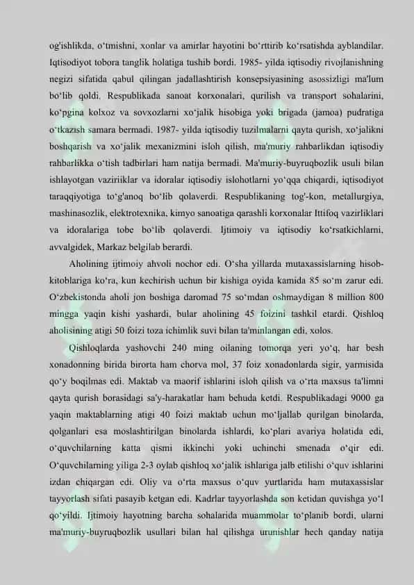 Mustaqillikka erishish arafasida O‘zbekistondagi ijtimoiy-iqtisodiy jarayonlar 6
