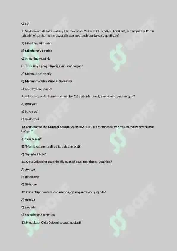 7-sinf. Geografiya fanidan mavzulashtirilgan test savollari javoblari bilan birgalikda 2
