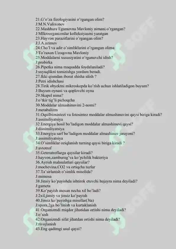 Biologiya fanini o'rganish 100ta savol 2