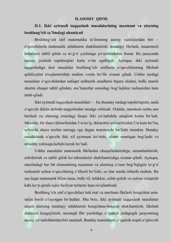 Ikki ayirmali taqqoslashga doir masalalar bilan ishlash 6