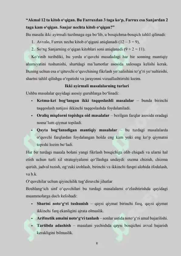 Ikki ayirmali taqqoslashga doir masalalar bilan ishlash 8