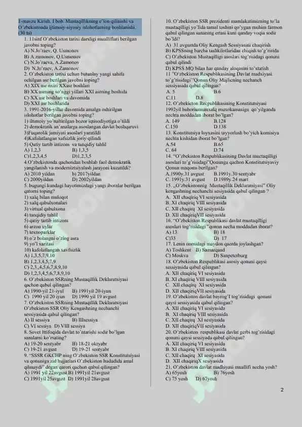 11 sinf-O’ZBEKISTON TARIXI FANIDAN MAVZULASHTIRILGAN TESTLAR 2