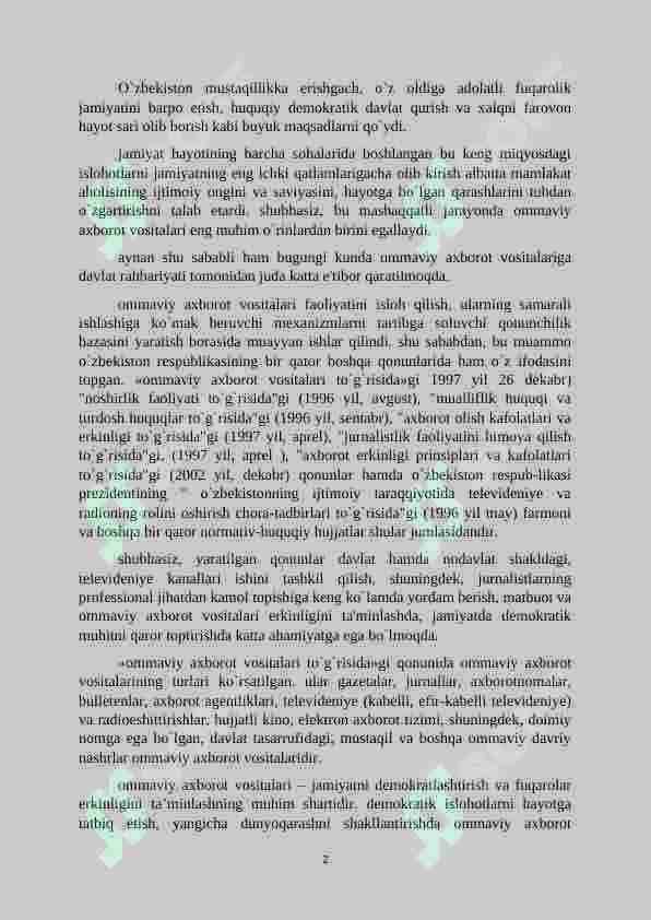 O‘zbekiston Respublikasida ommaviy axborot vositalarining faoliyati 2
