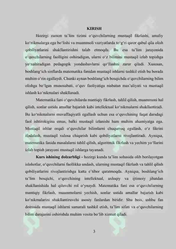 Boshlang‘ich sinflarda matematika darslarida o‘quvchilarning mustaqil ishlarini tashkil 'etish va ularni o‘tkazish 3