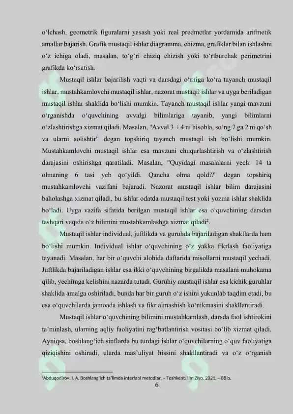 Boshlang‘ich sinflarda matematika darslarida o‘quvchilarning mustaqil ishlarini tashkil 'etish va ularni o‘tkazish 6
