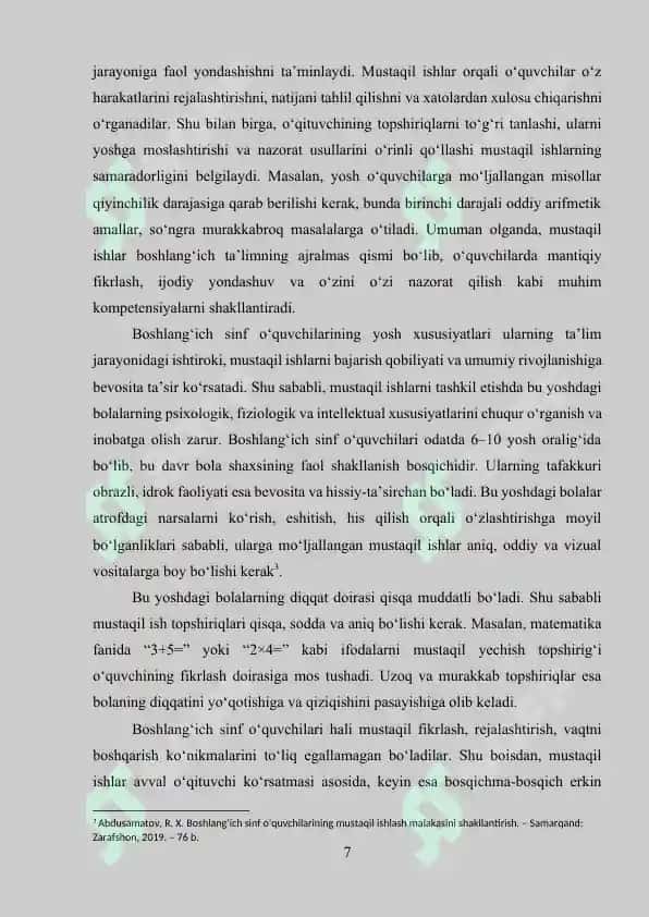 Boshlang‘ich sinflarda matematika darslarida o‘quvchilarning mustaqil ishlarini tashkil 'etish va ularni o‘tkazish 7