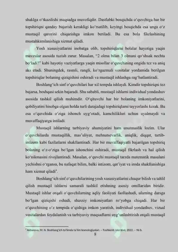 Boshlang‘ich sinflarda matematika darslarida o‘quvchilarning mustaqil ishlarini tashkil 'etish va ularni o‘tkazish 8