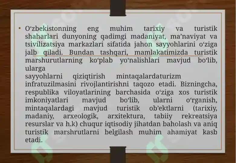 O'zbekistonning turistik imkoniyatlari va yo'nalishlari 4