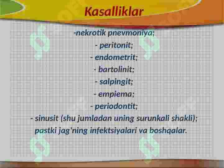 SHARTLI PATOGEN ANAEROB KOKKLARNI ( PEPTOKOKKLAR , PEPTOSTREPTOKOKKLAR , VEYLONELLALAR ) . 3