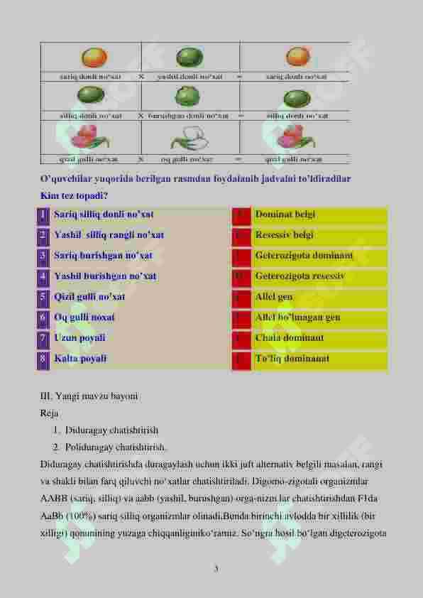 9-sinf biologiya Mendelning uchinchi qonuni mavzusida dars ishlanmasi 3