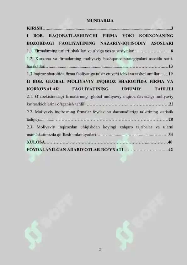 Global moliyaviy inqiroz sharoitida raqobatlashuvchi firmaning foydasi va daromadlari 2