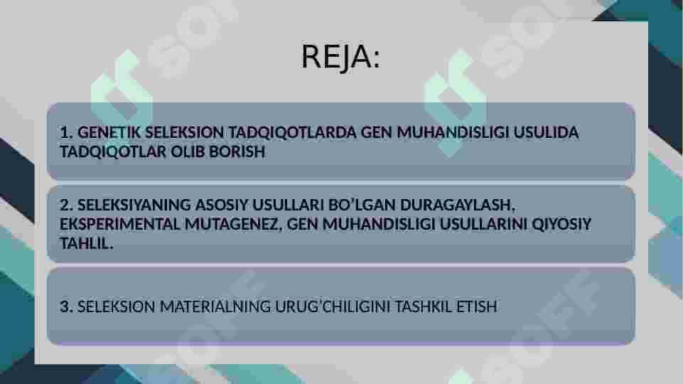 GENETIK SELEKSION TADQIQOTLARDA GEN MUHANDISLIGI USULIDA TADQIQOTLAR OLIB BORISHSELEKSIYANING ASOSIY USULLARI BO’LGAN DURAGAYLASH, EKSPERIMENTAL MUTAGENEZ, GEN MUHANDISLIGI USULLARINI QIYOSIY TAHLIL. 2