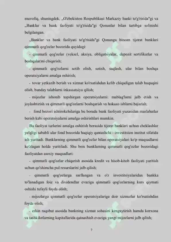 Tijorat banklarining qimmatli qog‘ozlar bozoridagi operatsiyalari 7