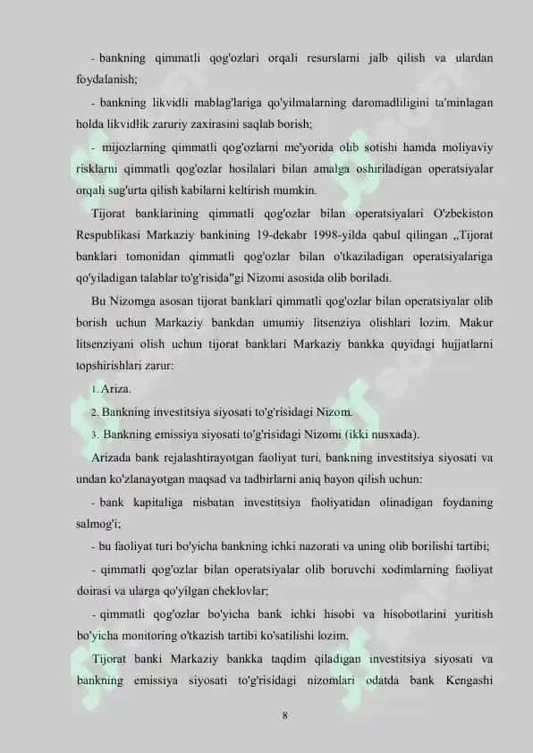 Tijorat banklarining qimmatli qog‘ozlar bozoridagi operatsiyalari 8