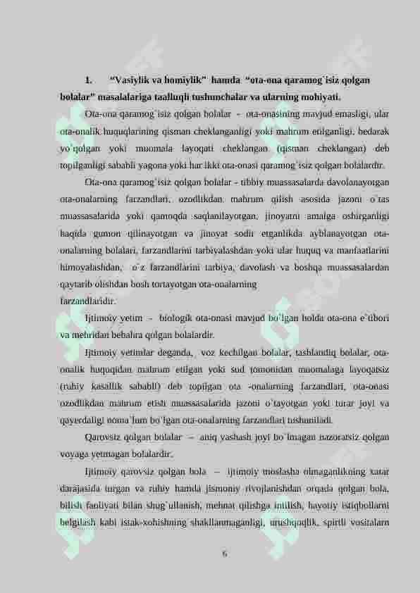 Ota ona qaramog'ida bo`lmagan bolalar bilan ijtimoiy pedagogik faoliyat yuritish 6