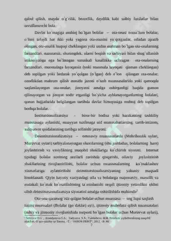 Ota ona qaramog'ida bo`lmagan bolalar bilan ijtimoiy pedagogik faoliyat yuritish 7