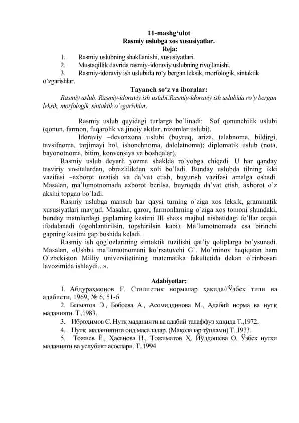 Rasmiy Uslubga Xos Xususiyatlar