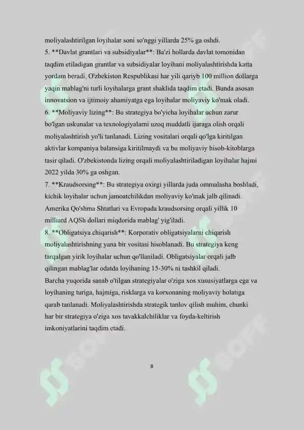 Investitsiya loyihalarini moliyalashtirishning mazmuni va mohiyati 8