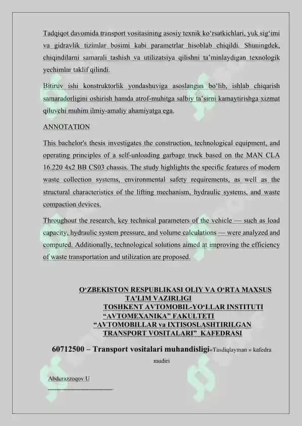 MAN CLA 16.220 4X2 BB CS03 bazasidagi chiqindi tashuvchi avtomobil texnologik jihozi hisobi 3