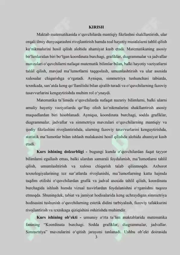 Koordinata burchagi. Sodda grafiklar, diagrammalar, jadvallar. Simmetriya 3