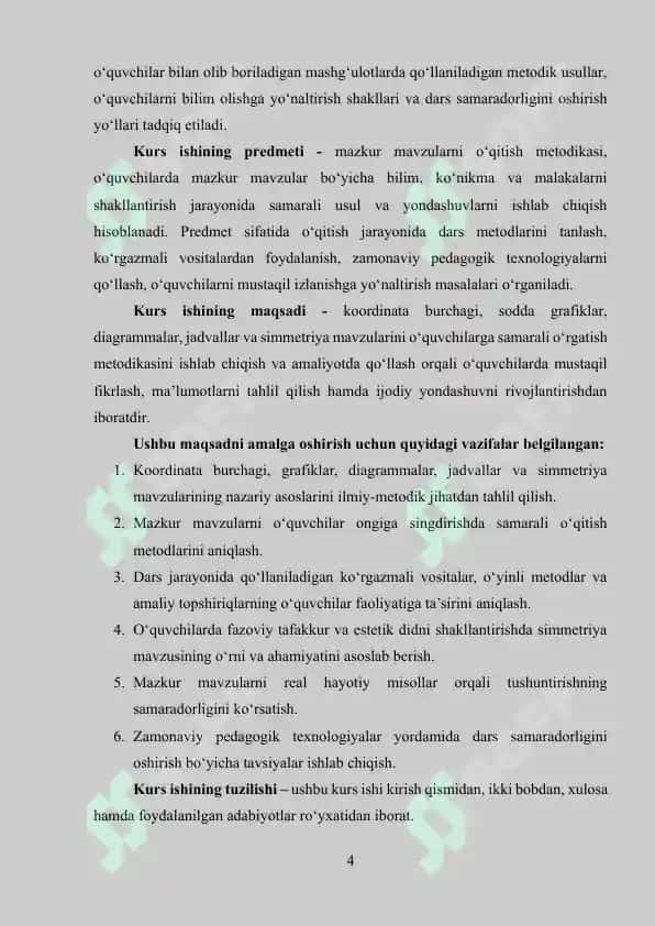 Koordinata burchagi. Sodda grafiklar, diagrammalar, jadvallar. Simmetriya 4
