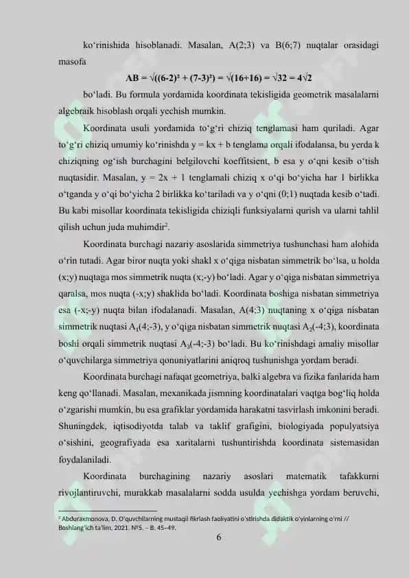 Koordinata burchagi. Sodda grafiklar, diagrammalar, jadvallar. Simmetriya 6