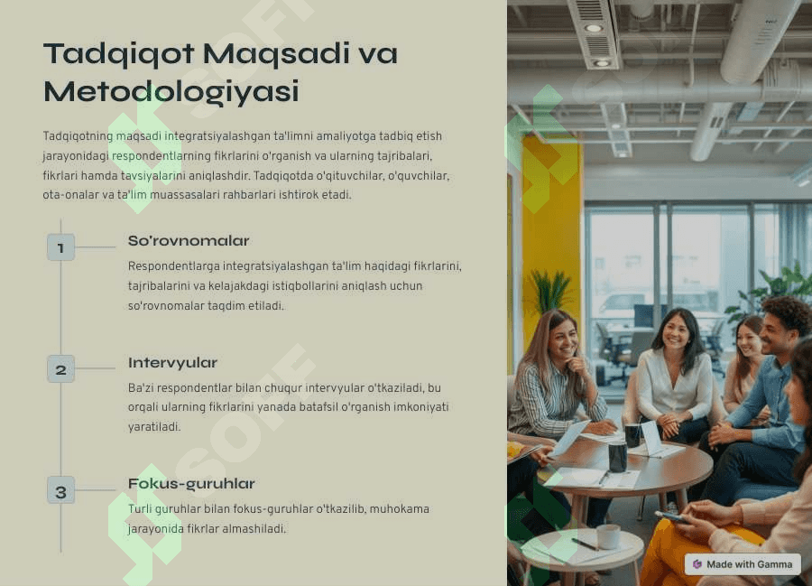 Integratsiyalashgan ta’limni amaliyotga tadbiq etish bo‘yicha turli guruhlarga mansub respondentlarning fikrlarini aniqlashga qaratilgan sotsiologik tadqiqotlar. 2