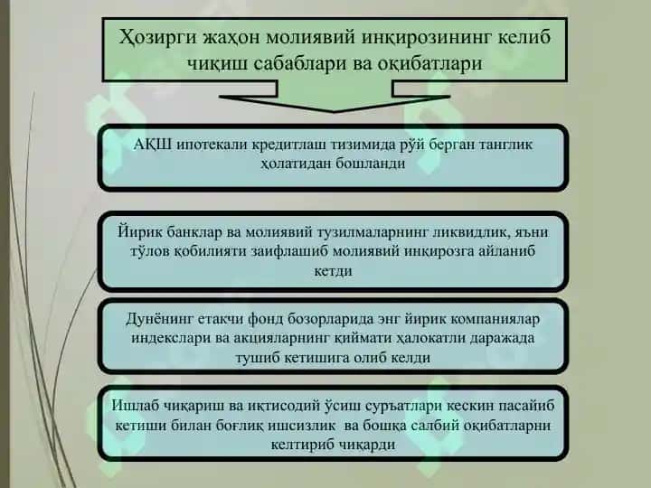 Jahon iqtisodiy inqirozining o‘zbekiston iqtisodiyotiga ta'siri hamda uning oqibatlarini oldini olish va yumshatishga asos bo‘lgan omillar 4