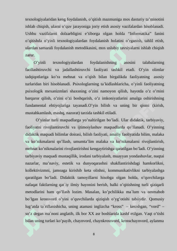 Informatika darslarida o'quvchilar bilim malaka va ko'nikmalarini nazorat qilishni zamonaviy vositalari 8