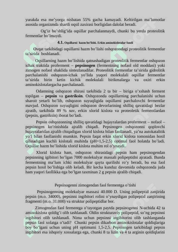 Oqsillarni hazm bolishi. Aminokislotalarning oxirgi mahsulotgacha parchalanishi. Ammiakni zararsizlantirish usullari 2