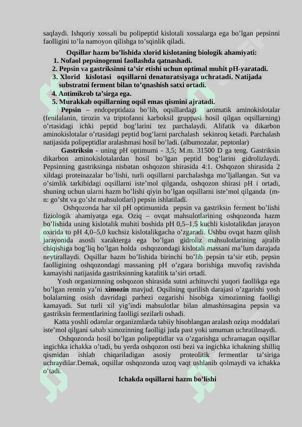 Oqsillarni hazm bolishi. Aminokislotalarning oxirgi mahsulotgacha parchalanishi. Ammiakni zararsizlantirish usullari 3