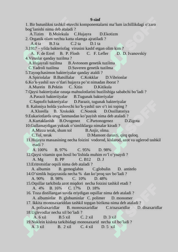 Biologiyadan testlar javoblari bilan 8-9-10-11 sinf 3