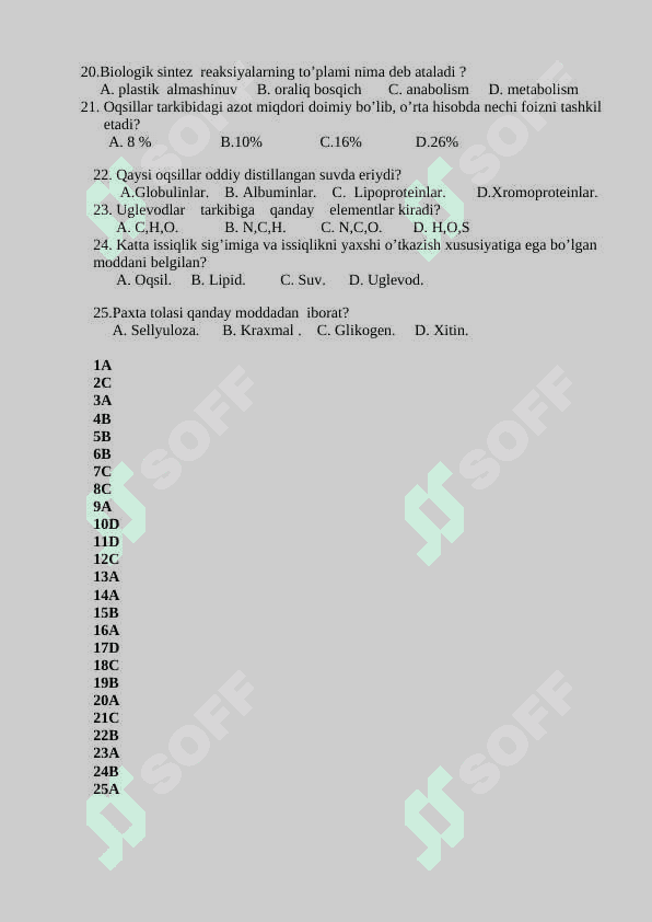 Biologiyadan testlar javoblari bilan 8-9-10-11 sinf 4