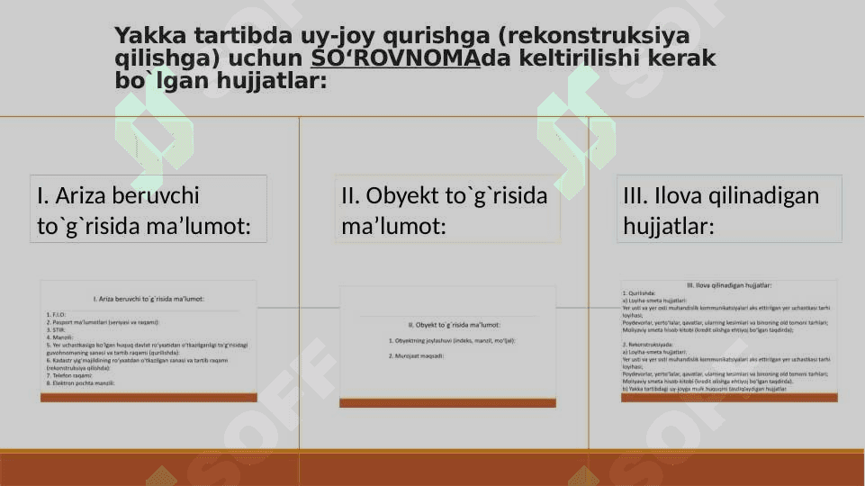 Yakka tartibda uy-joy qurishga (rekonstruksiya qilishga) uchun SO’ROVNOMA da keltirilishi kerak bo`lgan hujjatlar. 2