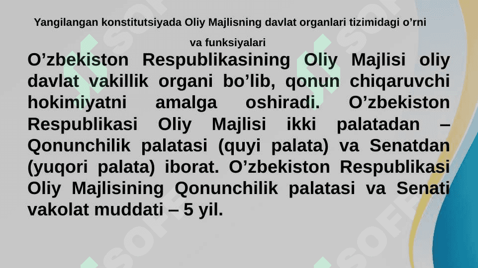 Yangi tahrirdagi o`zbekiston respublikasi konstitutsiyasida davlat hokimyati tashkil etilishining kanistutsiyaviy asosla 8