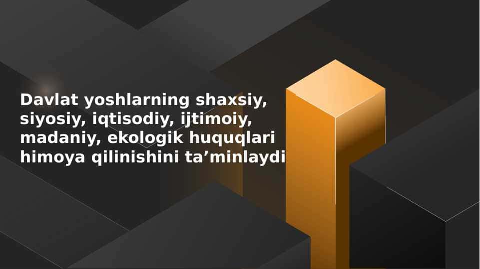 Davlat yoshlarning shaxsiy, siyosiy, iqtisodiy, ijtimoiy, madaniy, ekologik huquqlari himoya qilinishini ta’minlaydi